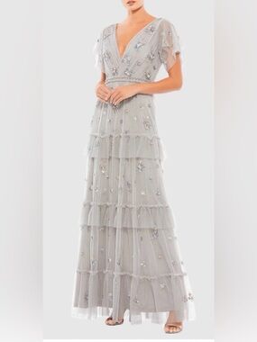 Mac Duggal | Gray Ruffle Tiered Embellished Flutter Sleeve Gown